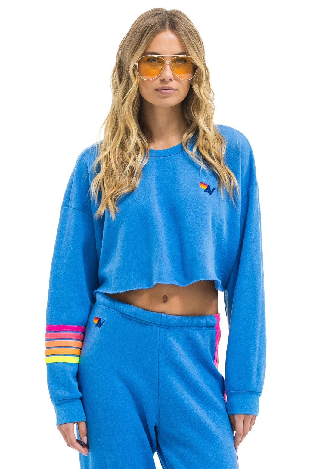 RUGBY STITCH CROPPED CREW SWEATSHIRT RELAXED - COBALT // NEON | Aviator Nation