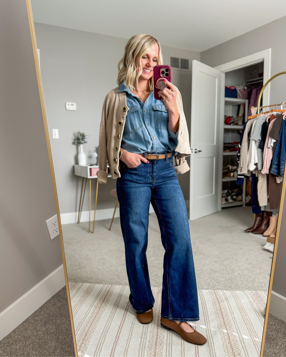 What I wore today — the details: chambray shirt, tan belt, dark wide-leg jeans + tan flats. 🍂

#LTKOver40 #LTKPetite #LTKootd