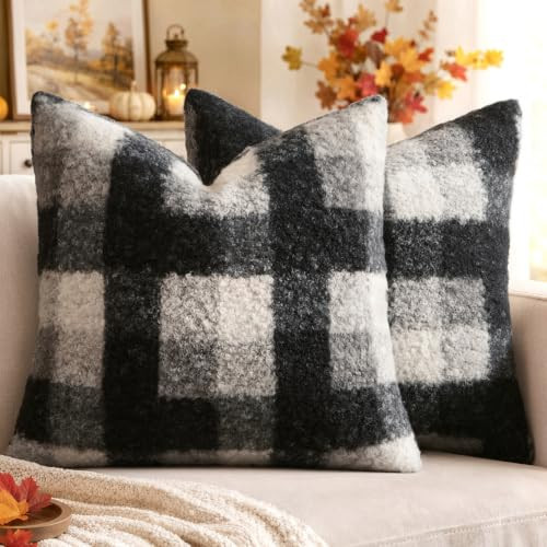 MIULEE Fall Plaid Pillow Covers Boucle Black White 18x18 Set of 2 | Amazon (US)