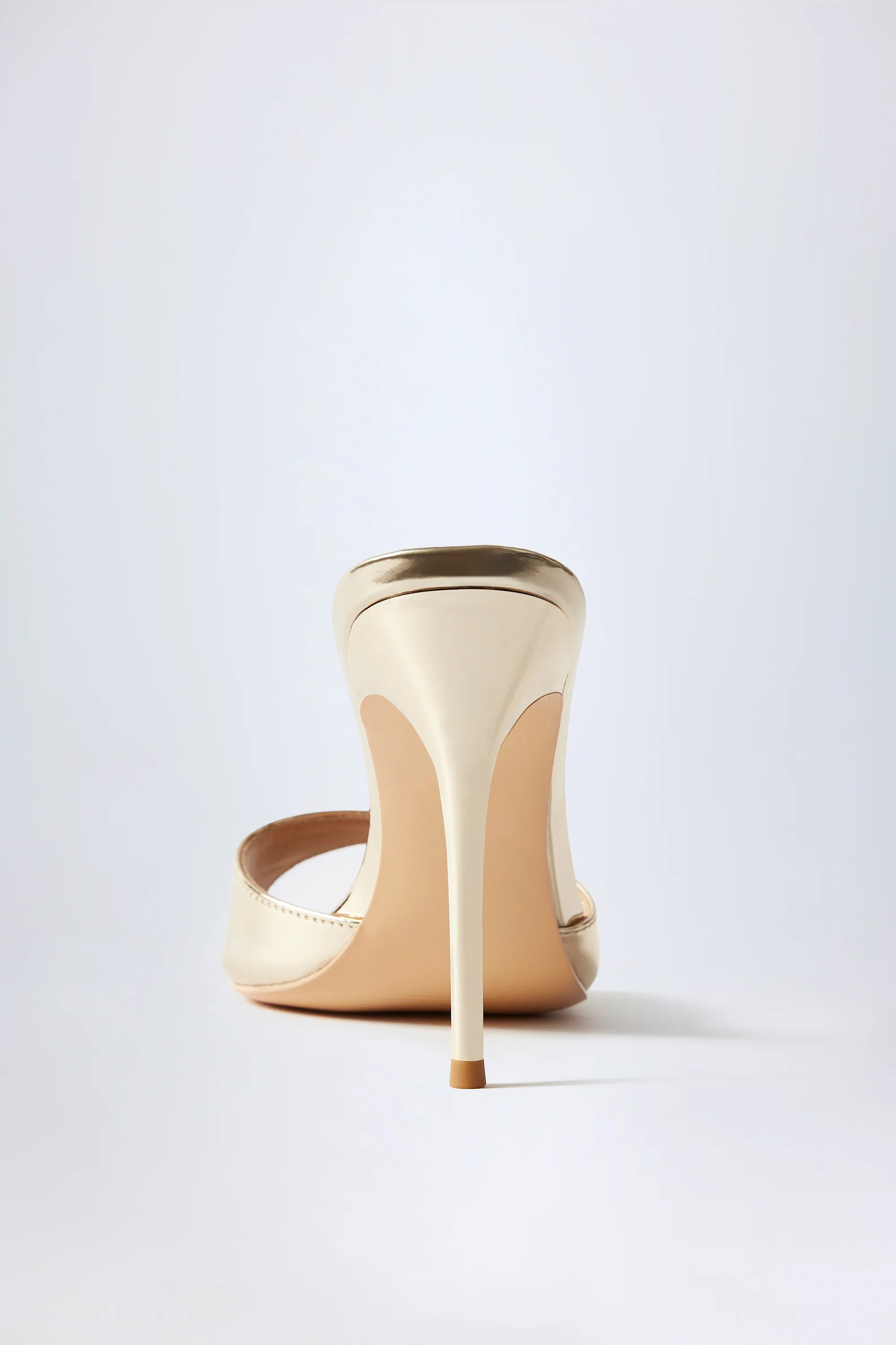 Almond-Toe Heeled Mules in Mirrored Gold | Oh Polly