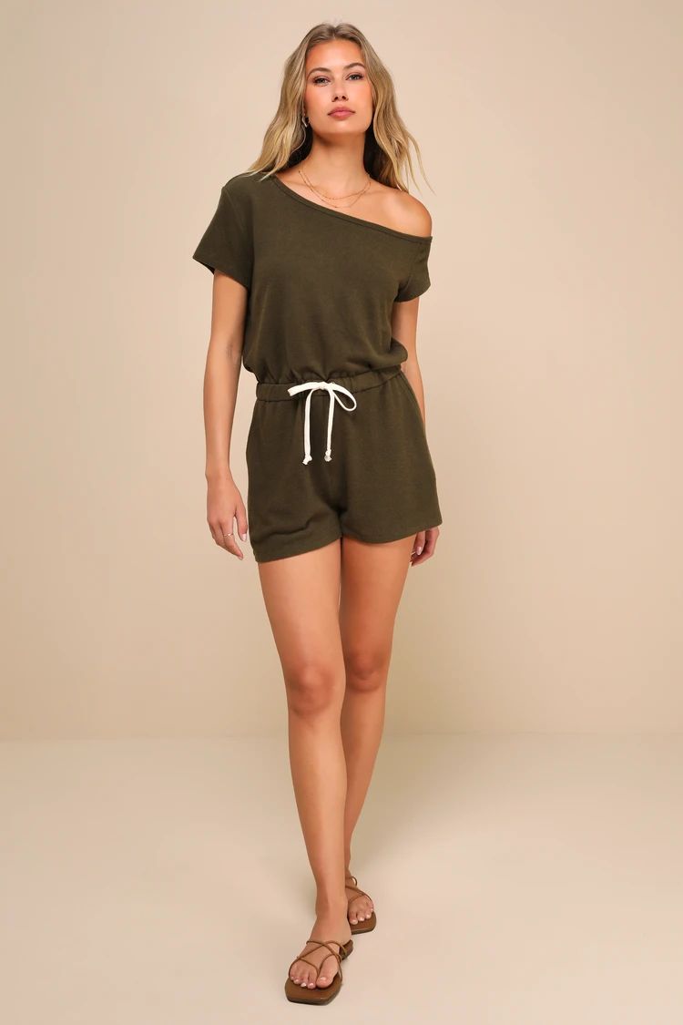 Relaxing Weekend Olive Green Off-the-Shoulder Lounge Romper | Lulus