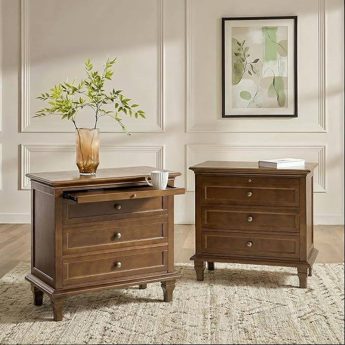 HULALA HOME Farmhouse 3 Drawer End Table with Tray, Drawer Organizer with Solid Wood Legs, End Ta... | Amazon (US)