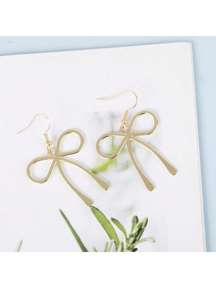 1pair Elegant Gold Bow Knot Earrings, Novel Fashionable Design Pendant Earrings, Perfect Cute Gif... | SHEIN