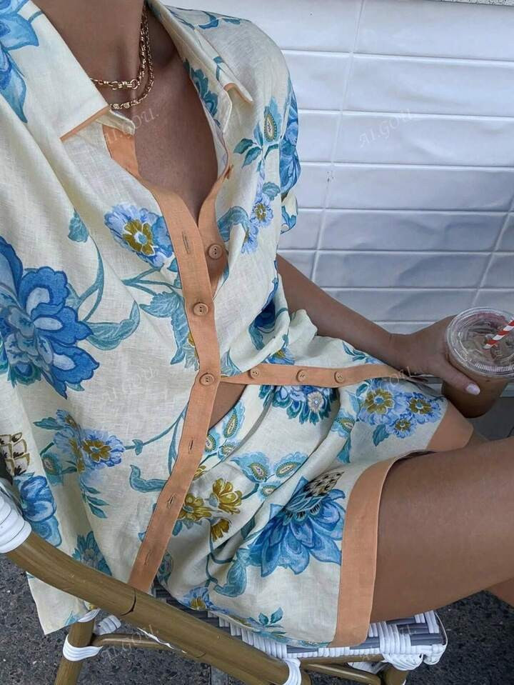 Spring And Summer Short Sleeve Shirt Random Floral Print Skirt Set Bohemian Loose Vacation Two-Pi... | SHEIN