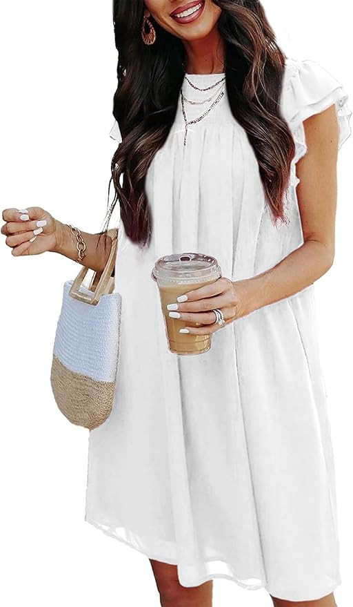 KIRUNDO Wedding Guest Shift Dresses for Women Short Spring Summer Ruffle Cap Sleeve Chiffon Babyd... | Amazon (US)