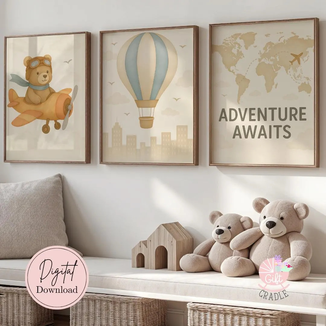 Airplane Nursery Wall Art | Set of 3 Aviation Nursery Art | Hot Air Balloon Blue Baby Boy Nursery... | Etsy (US)