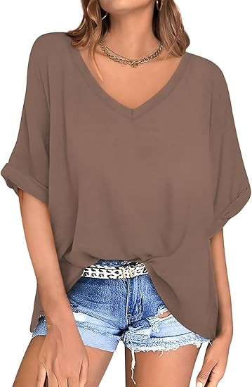 UEU Womens Oversized T-Shirts Summer V Neck Casual Shirts Short Sleeve Workout Tunic Tops | Amazon (US)