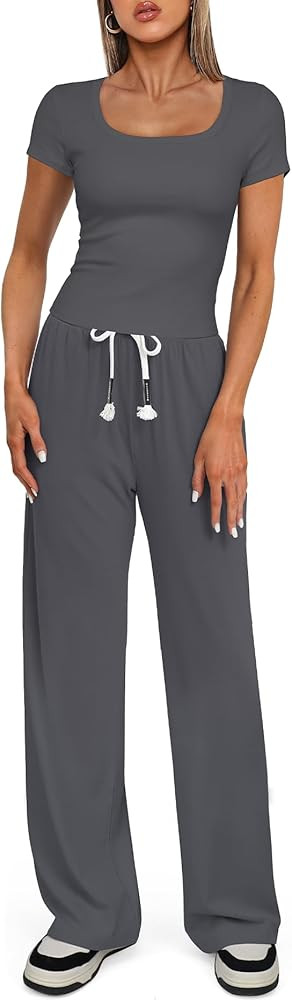 Darong Women's Two Piece Outfit Short Sleeve Scoop Neck T Shirts with Wide Leg Pants Active Track... | Amazon (US)