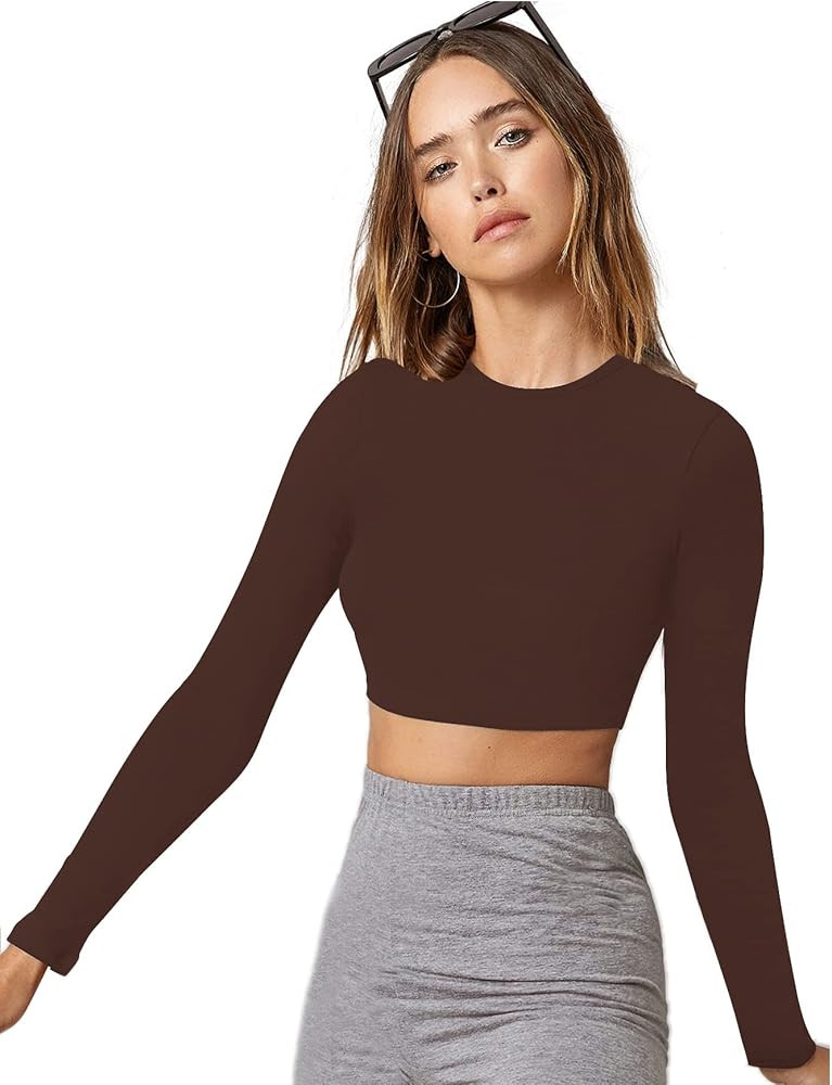 Verdusa Women's Basic Long Sleeve Crew Neck Fitted Crop Top Tee Shirt | Amazon (US)