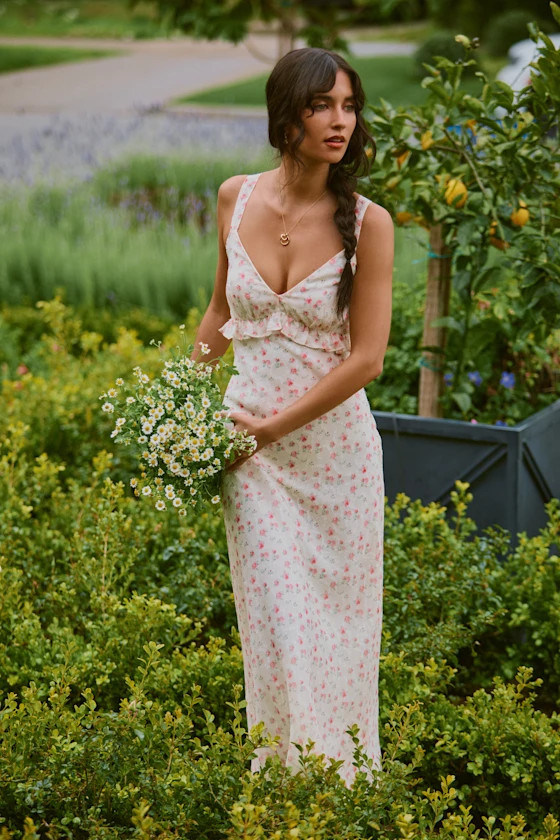 Valonia Cream Floral Ruffled Empire Waist Midi Dress | Lulus