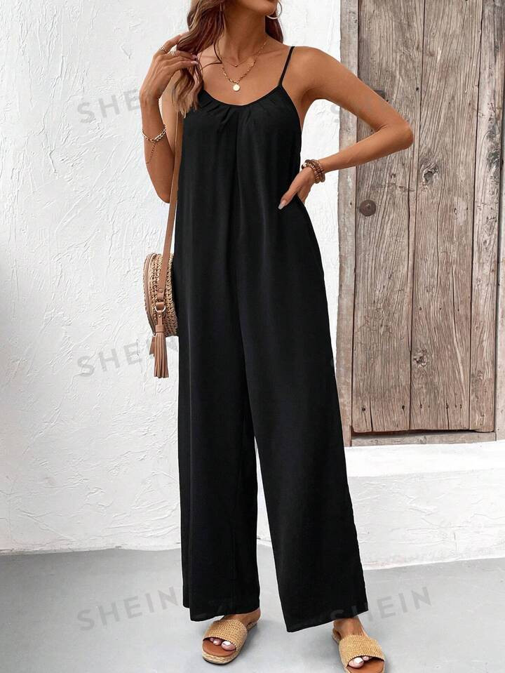 SHEIN VCAY Casual V-Neck Pleated Tank Top Wide-Leg Jumpsuit | SHEIN