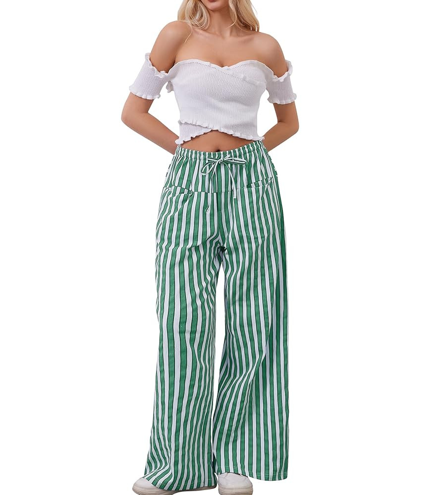 Women Drawstring Stripe Wide Leg Casual Trousers Striped Low Rise Casual Loose Lounge Pants with ... | Amazon (US)