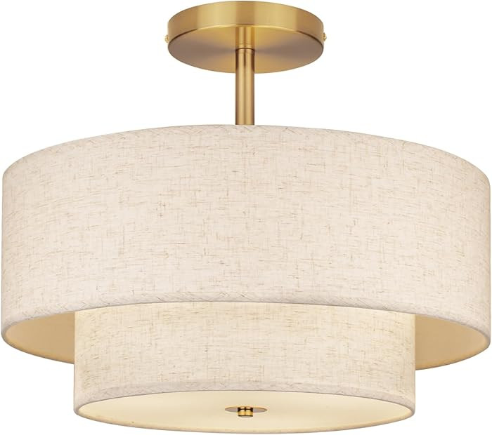 18 Inch Large Semi Flush Mount Ceiling Light Fixture with Dual Drum Design, Gold Farmhouse Fabric... | Amazon (US)