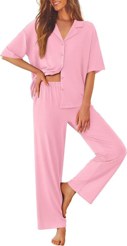Ekouaer Women Pajamas Set Button Down Sleepwear Short Sleeve Pjs Soft Comfy Nightwear with Long P... | Amazon (US)