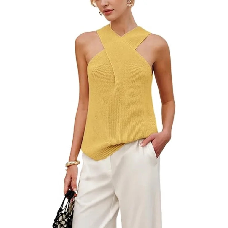 Women Halter Cross Over Collar Tank Knit Sleeveless Top Solid Color Casual Summer Blouse | Walmart (US)