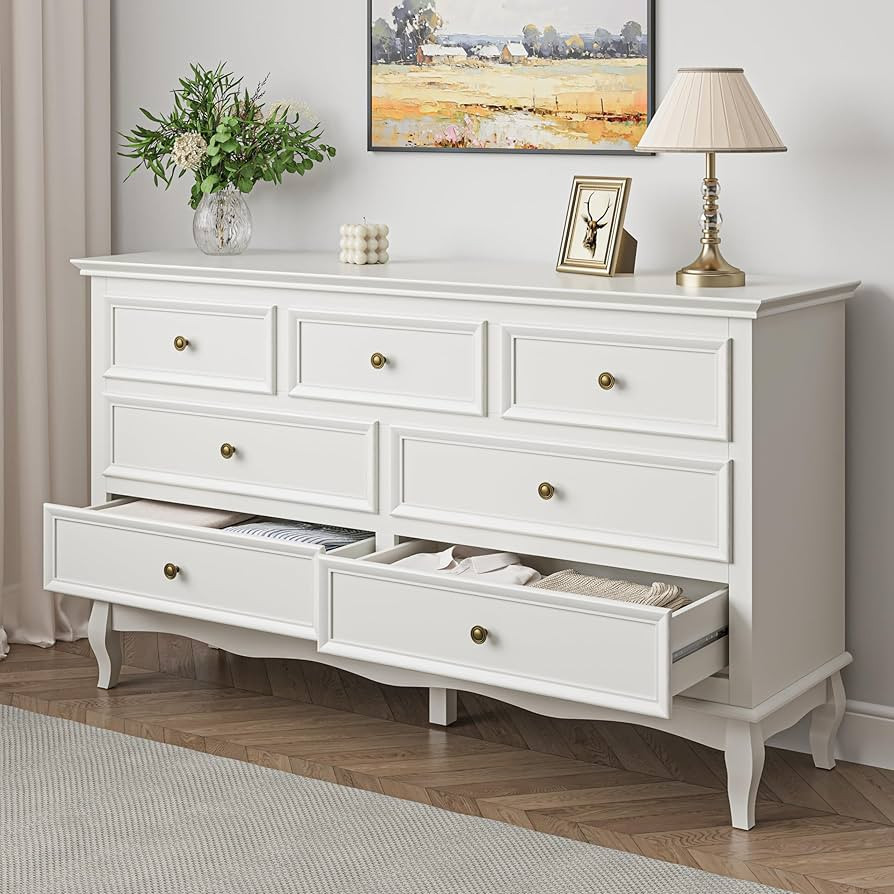 RoyalCraft White 7 Drawer Dresser for Bedroom, Modern Chest of Drawers with Solid Wood Legs and Painted Finish, Wooden Storage Closet Cabinet Organizer for Living Room, Hallway | Amazon (US)