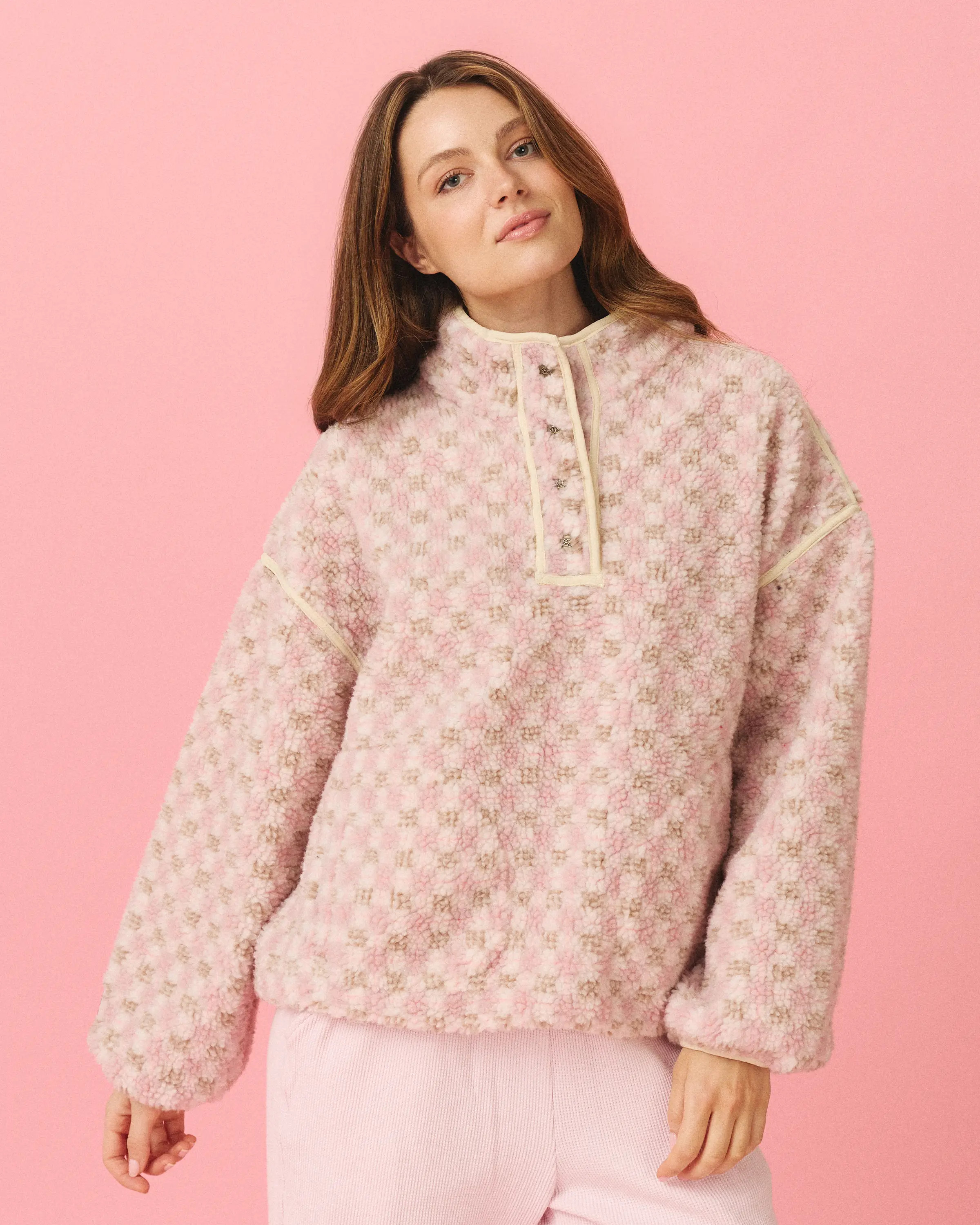 Fleece Pullover in Red and Pink Plaid | Eleven Eleven