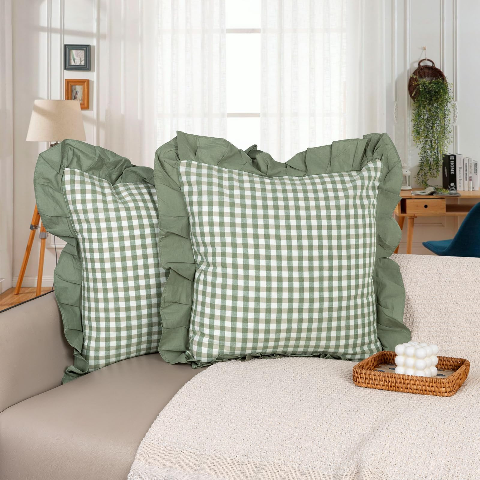 18x18 Ruffle Throw Pillow Covers, Green Scalloped Cotton Plaid Gingham Decor Pillowcase Farmhouse... | Amazon (US)