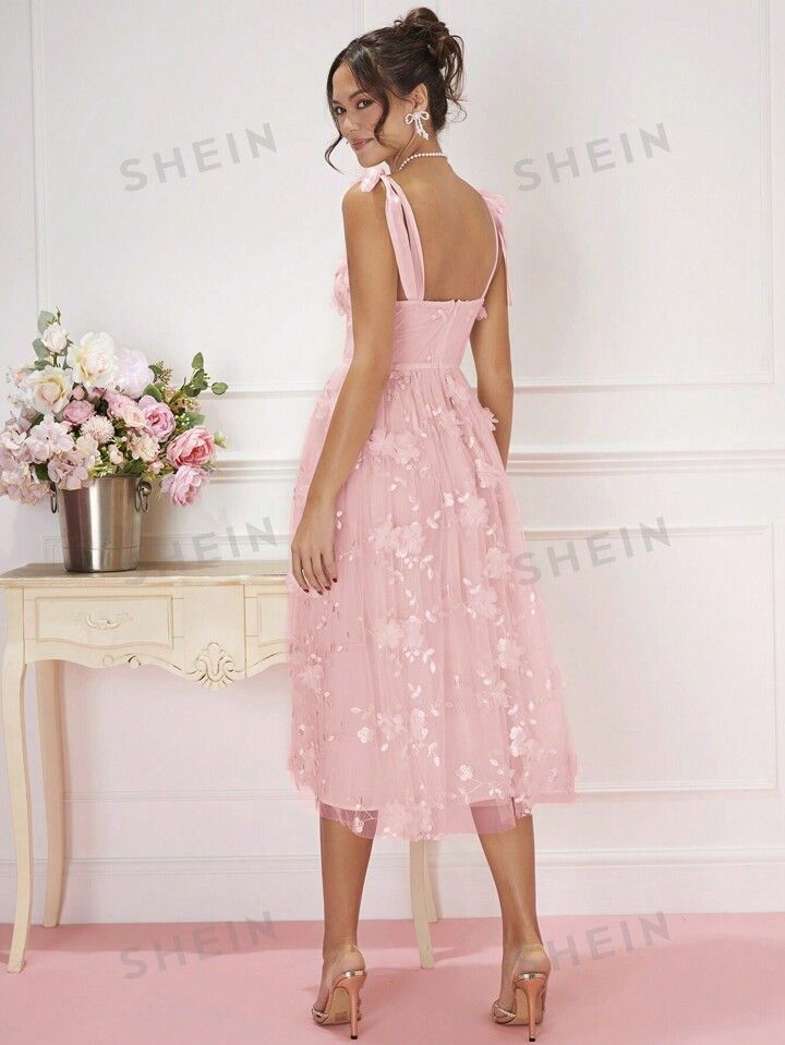 Enchnt Women's Floral Applique Shoulder Tie Mesh Dress | SHEIN