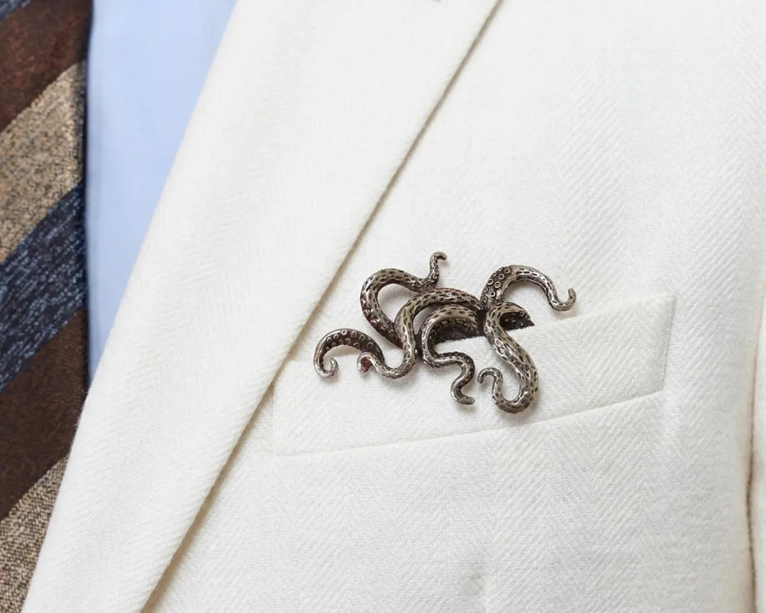 Octopus Metal Pocket Square Holder, Nautical Suit Accessory, Kraken Lapel Pin Alternative | Etsy (US)