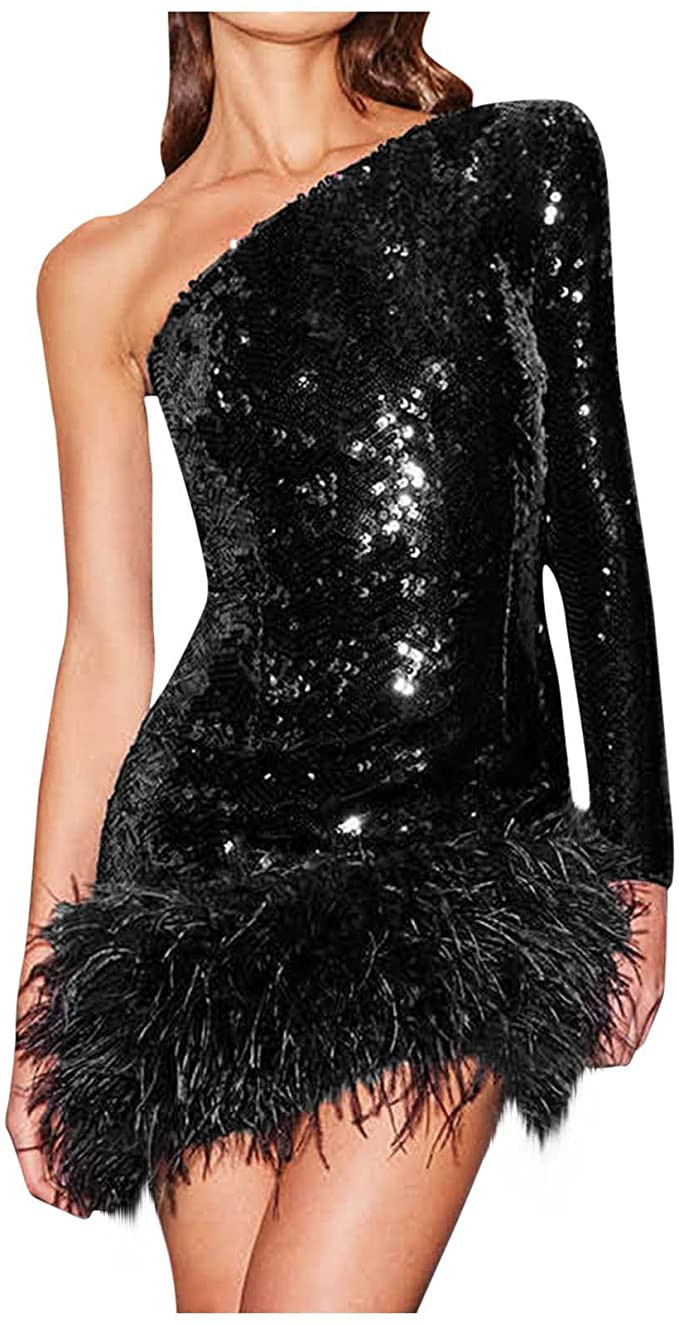 Oplxuo Sequins Feather Short Homecoming Dresses for Women Long Sleeve One Shoulder Tight Formal C... | Amazon (US)