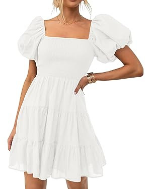 ZESICA Women's Boho 2026 Summer Square Neck Puff Sleeve Off Shoulder Smocked Tiered Casual A Line... | Amazon (US)