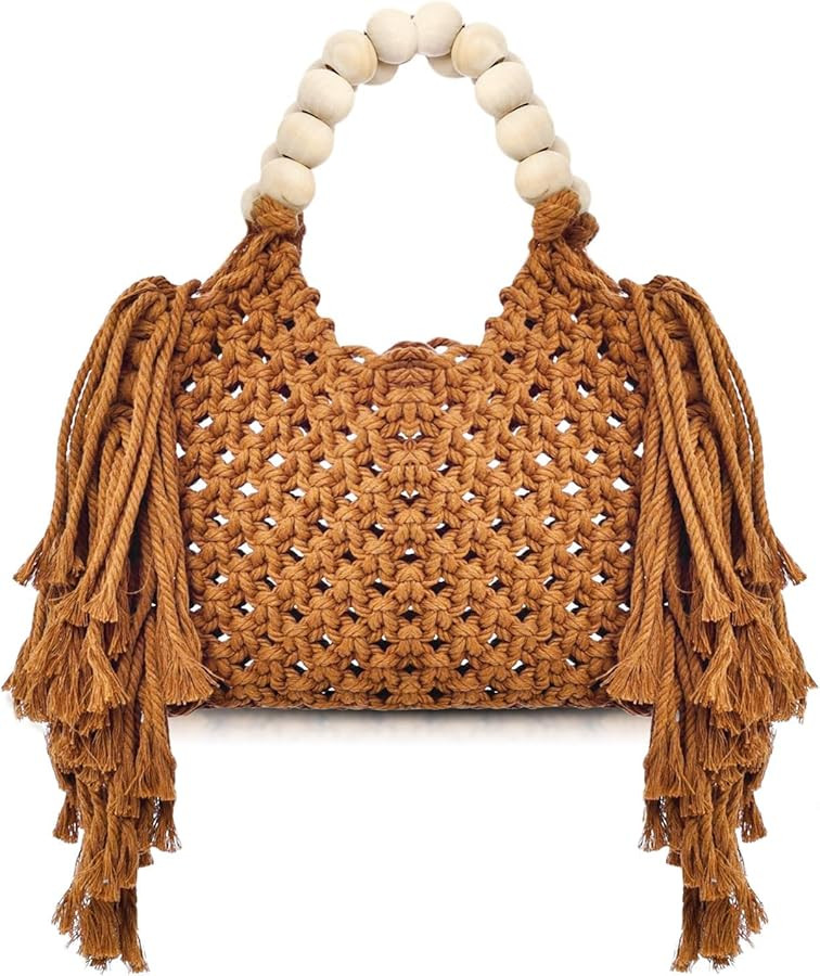 Handbags for Women, Hand-woven Knitted Cotton Handbags, Tassel Woven Bag, Wooden Bead Handle, Sho... | Amazon (US)