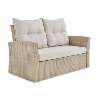 Alaterre Furniture Canaan Beige All-Weather Wicker Outdoor Loveseat with Cream Cushions AWWC035CC... | The Home Depot
