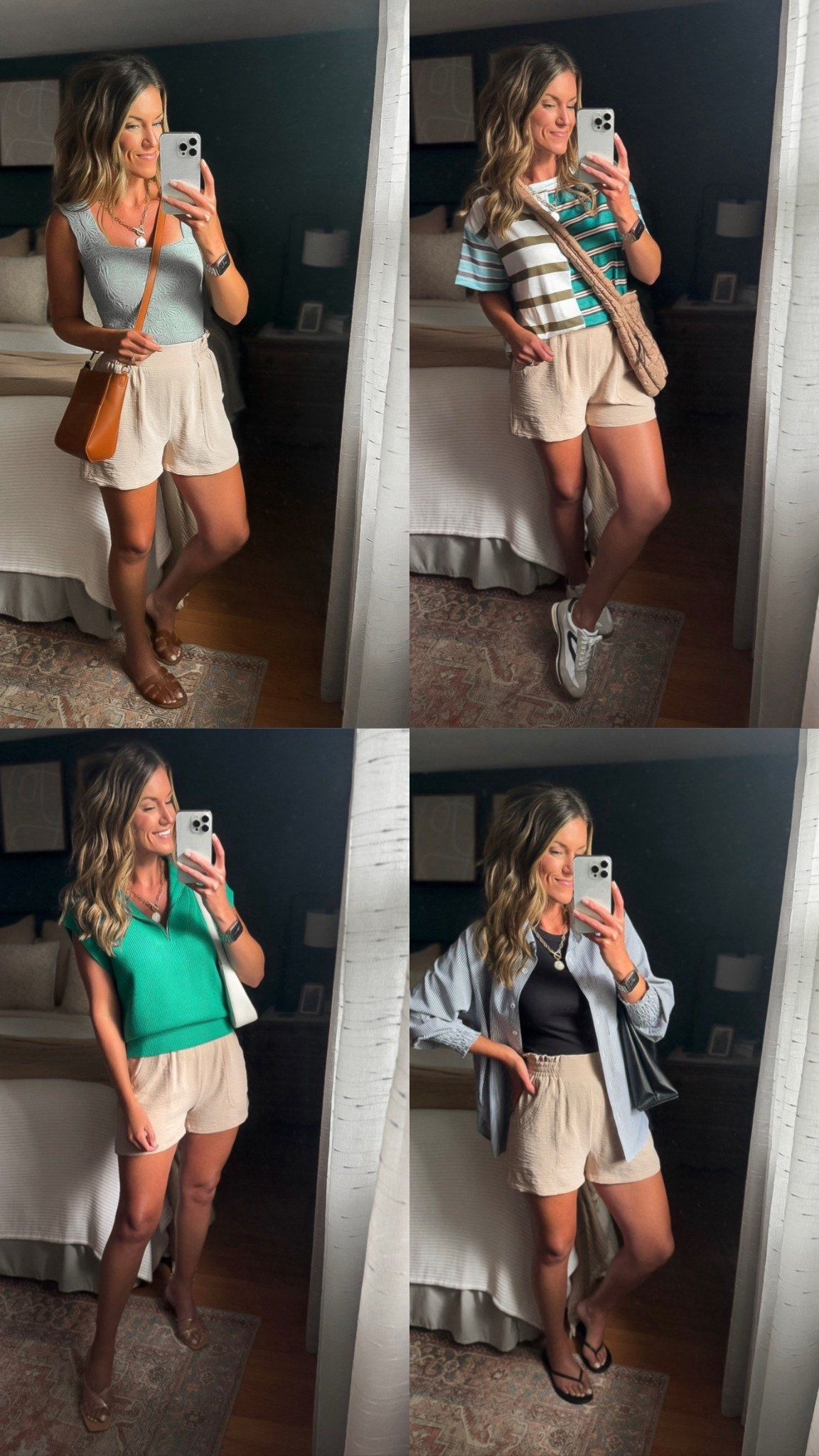 Styling these comfy pull on shorts from Amazon 4 ways. 
Shorts/ medium 
Textured tank top/ medium 
Button down/ large
Black tank / small 
Green sweater/ small 
Striped tee/ medium 

#LTKStyleTip #LTKSeasonal
