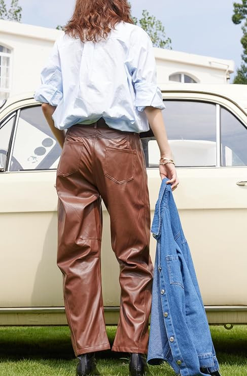 Women Faux Leather Pants Low Rise Baggy Barrel Jeans Wide Leg Trousers with Pockets | Amazon (US)