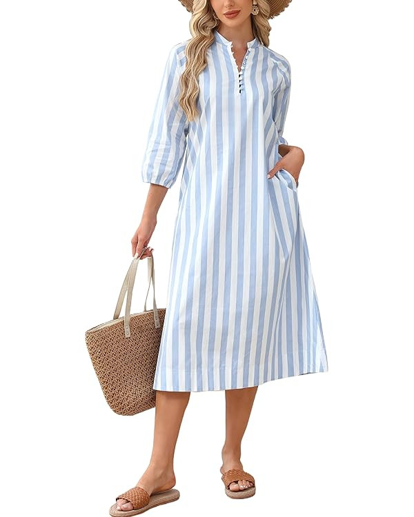 Women Summer Striped Button Down Long Maxi Dress Loose Fit 3/4 Sleeve Cotton Caftan Shirt Dress w... | Amazon (US)