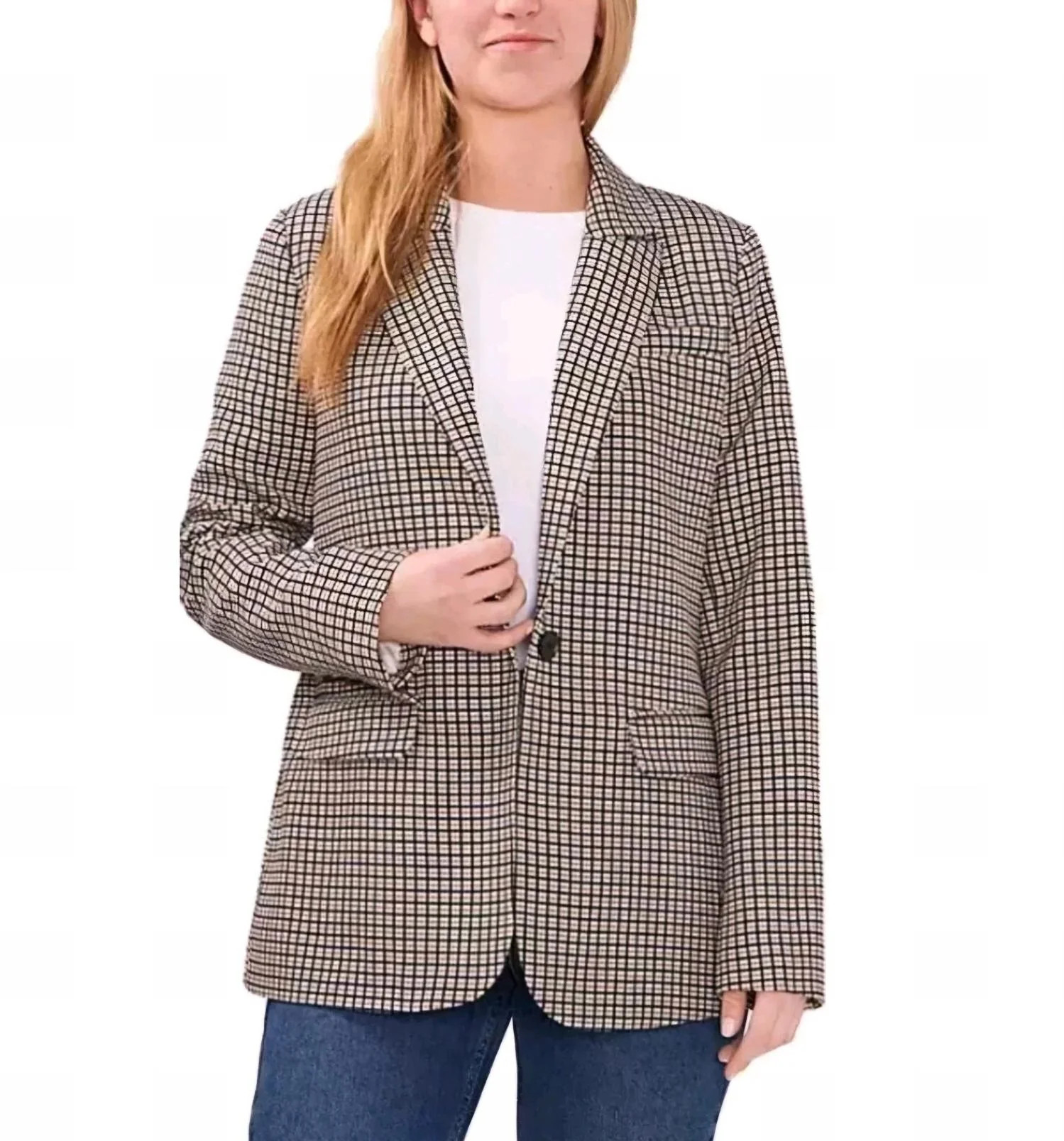 Plaid One Button Blazer In Brown/black/cream | Shop Simon