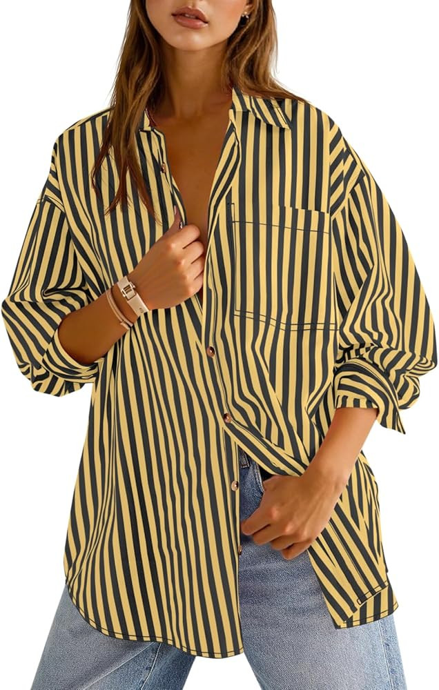 Cicy Bell Womens Oversized Striped Button Down Shirts Boyfriend Long Sleeve Collared Work Blouses | Amazon (US)