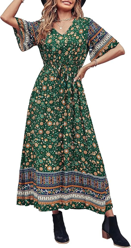 PRETTYGARDEN Women's Casual Summer Boho Floral Print Dress V Neck Short Sleeve High Waist Long Ma... | Amazon (US)