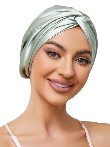 Adjustable Silk Satin Bonnet for Sleeping Hair Wrap, Double Layer Sleep Cap, Night Turban for Large Long Curly Braid Women Men Hair - Matcha Green | Amazon (US)