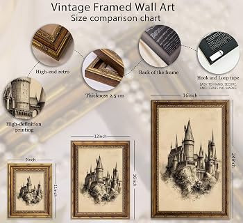 Vintage Gold Framed Canvas Wall Art Castle Sketch Painting Picture Wall Decor The Wizarding Medie... | Amazon (US)