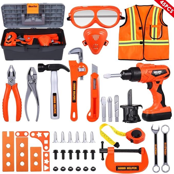 iBaseToy 45 PCS Kids Tool Set - Pretend Play Toddler Tool Toys with Tool Box, Kids Drill Tool Toy... | Amazon (US)