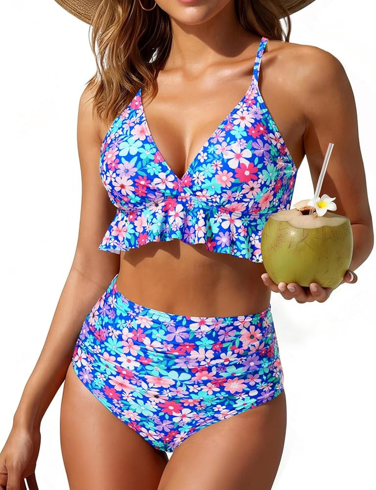 Tempt Me Women High Waisted Ruffle Bikini Set Two Piece Swimsuits Flounce Tummy Control Bathing S... | Amazon (US)