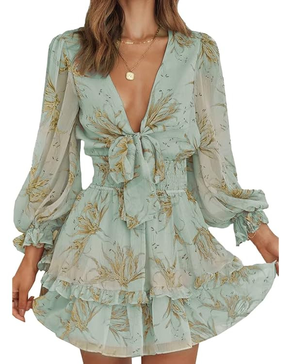 Dokotoo Womens 2024 Summer Deep V Neck Knotted Tiered Chiffon Elegant Mini Short Swing Skater Dre... | Amazon (US)