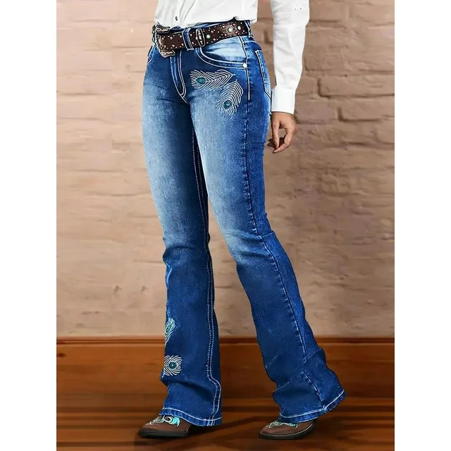 ROAD MARKINGS Women's Flare Jeans with Peacock Feather Embroidery, High Rise Boot Cut Denim Pants... | Walmart (US)