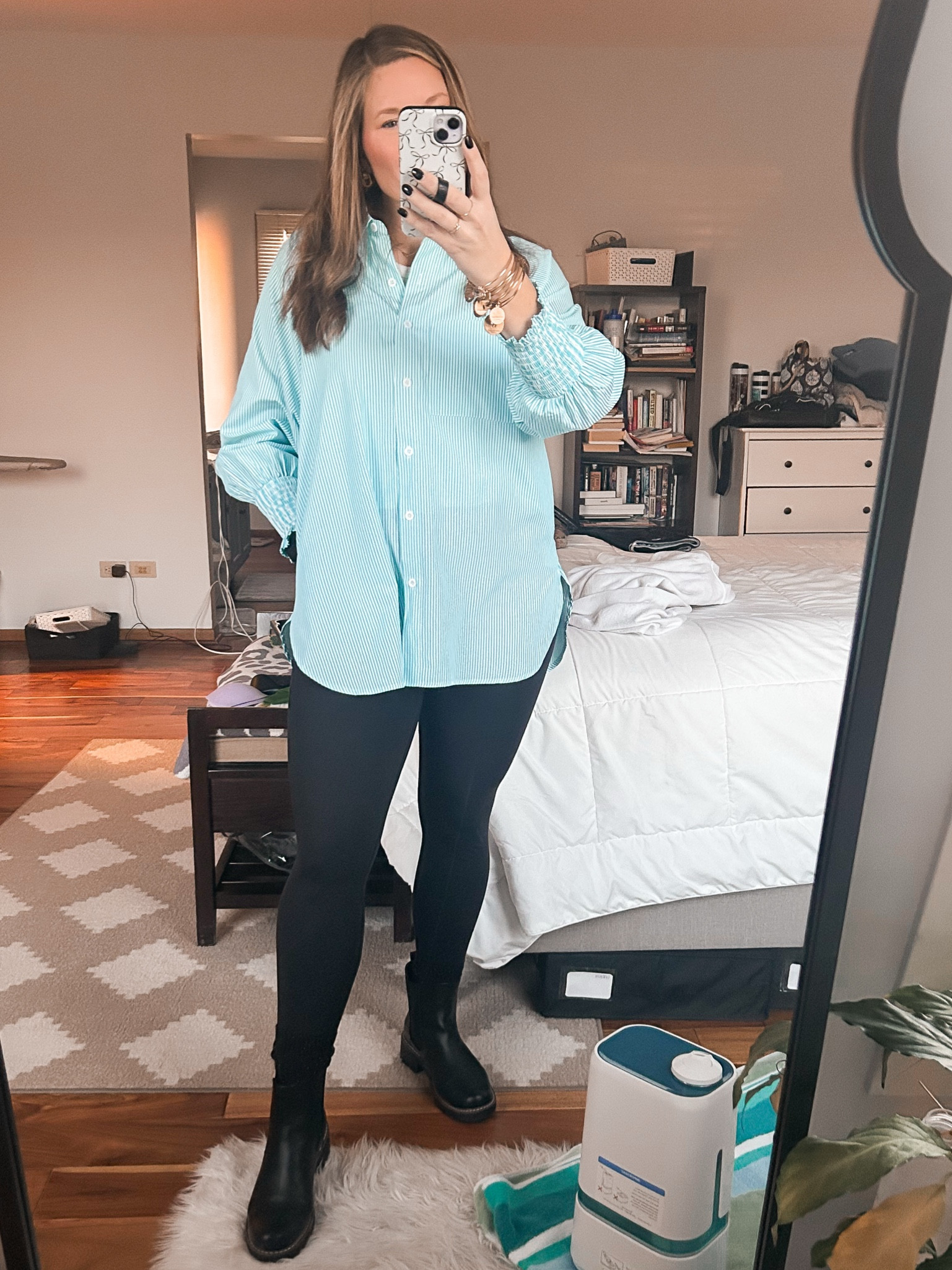 Day #14. Love a long button down with leggings. Dressy, but comfy  

#LTKOver40 #LTKWorkwear #LTKMidsize