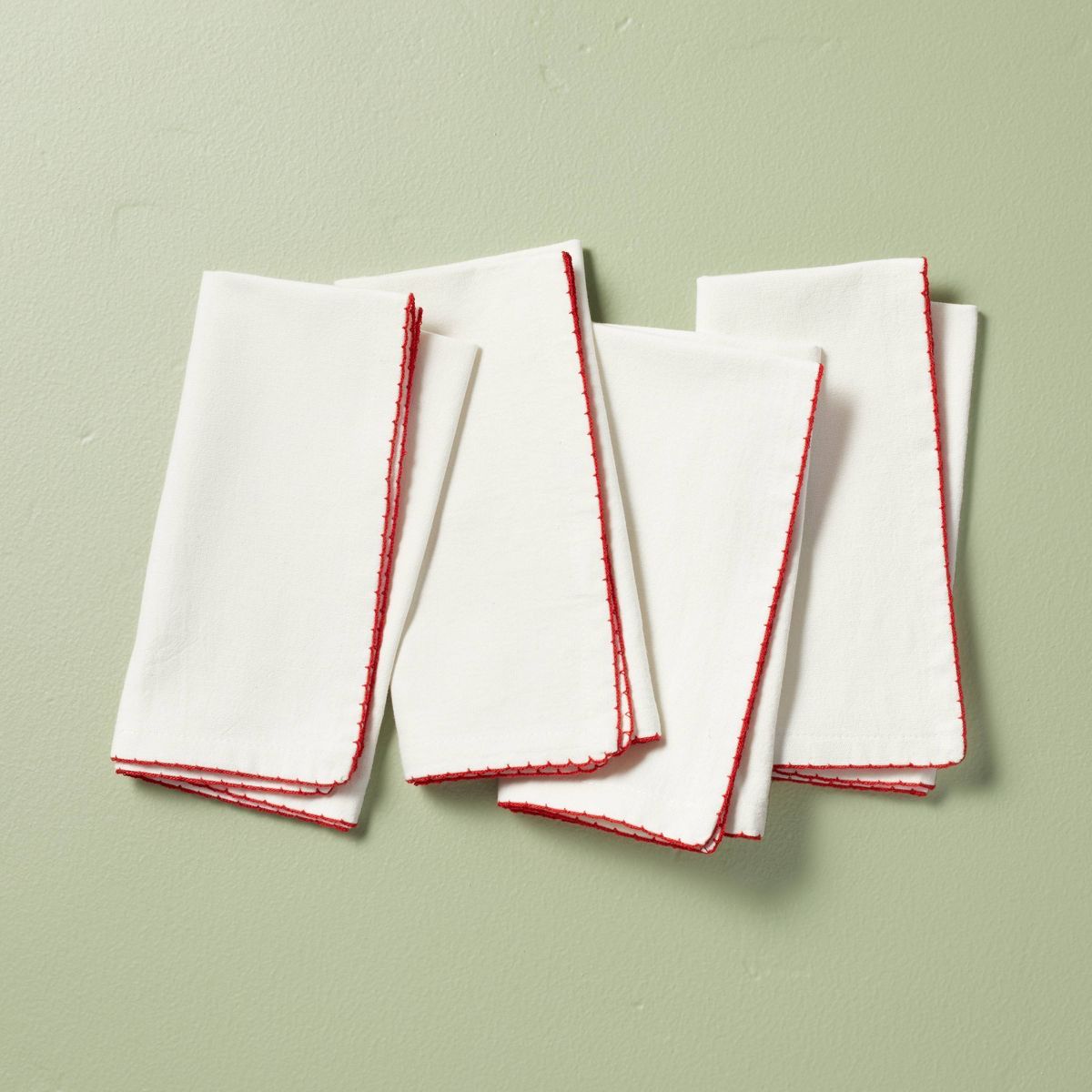 4pk Embroidered Trim Cloth Napkins Cream/Red - Hearth & Hand™ with Magnolia | Target