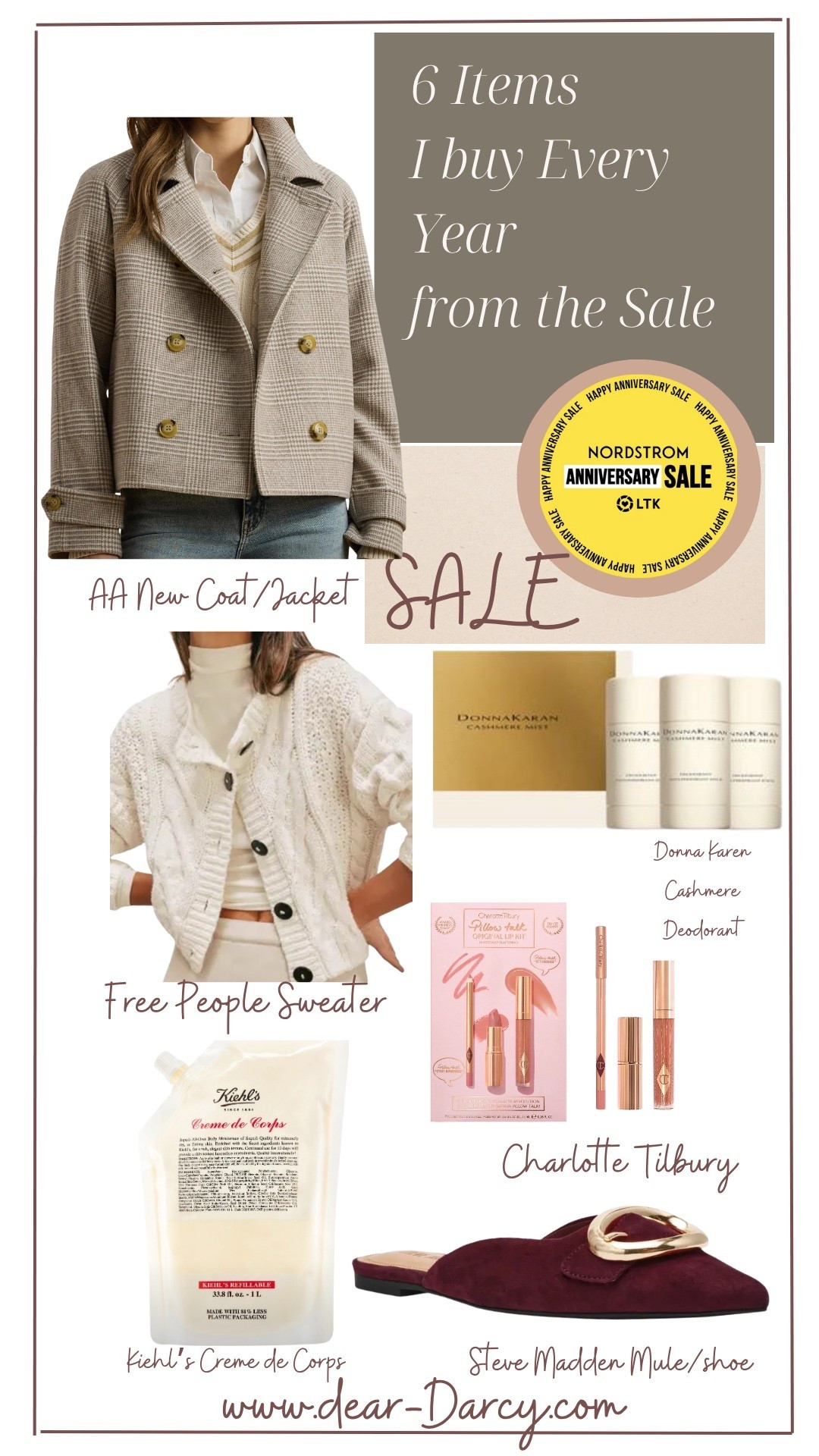 6 items I buy every year at the Nordstrom Sale

A free people cardigan or sweater… it’s a great time to get free people on sale and they always have a good selection! 
(This is this years pick) 

A new coat again it’s the best time to pick up designer pieces that are hard to find on sale. 
This is this years pick Ralph Lauren plaid cropped pea coat 

Donna Karen cashmere’s deodorant.. I have used this for 30 years and just love it! 1 box last for the whole year! Smells great and really works

A charlotte Tilbury make up set, I love Charlotte T and this is one of the only times of the year to grab on sale!

The BEST moisturizing lotion by Khiels it’s so rich and cream, really moisturizes your skin and again only time of year to grab this big size at this price. 

I grab “this years” Steve Madden mule .. it’s a go to everyday shoe I can wear with everything! All year long!
Loving this year’s gold buckle detail and comes in several colors!  I want it in the wine, the pearl and the neutral😂



#LTKSaleAlert #LTKStyleTip #LTKOver40