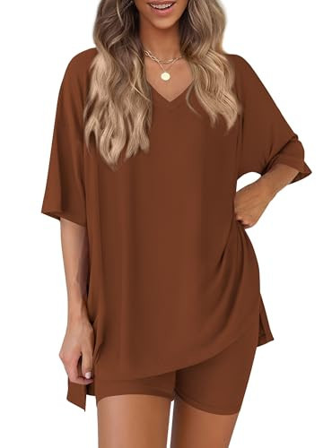PRETTYGARDEN 2 Piece Sets for Women Summer 2026 Lounge Short Set Spring Matching Biker Shorts V Neck Oversized Shirt Clothing (Brown,Medium) | Amazon (US)