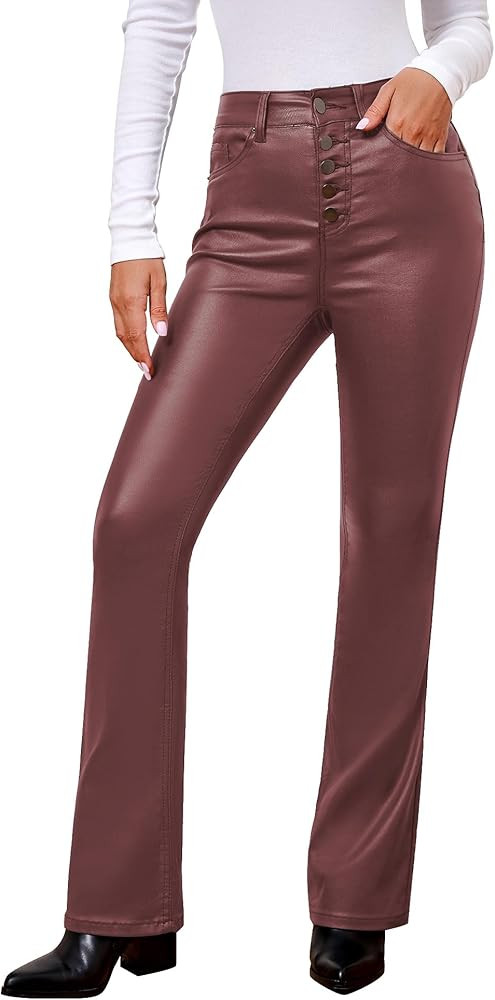 GRAPENT Flare Pants for Women High Wasited Stretchy Faux Leather Look Button Fly Jeans Trendy Bel... | Amazon (US)