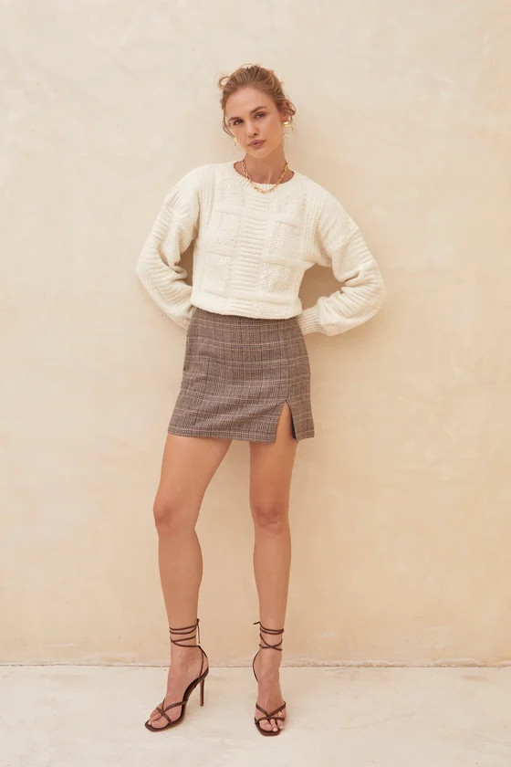 Snow Falling Ivory Patchwork Knit Balloon Sleeve Sweater | Lulus (US)