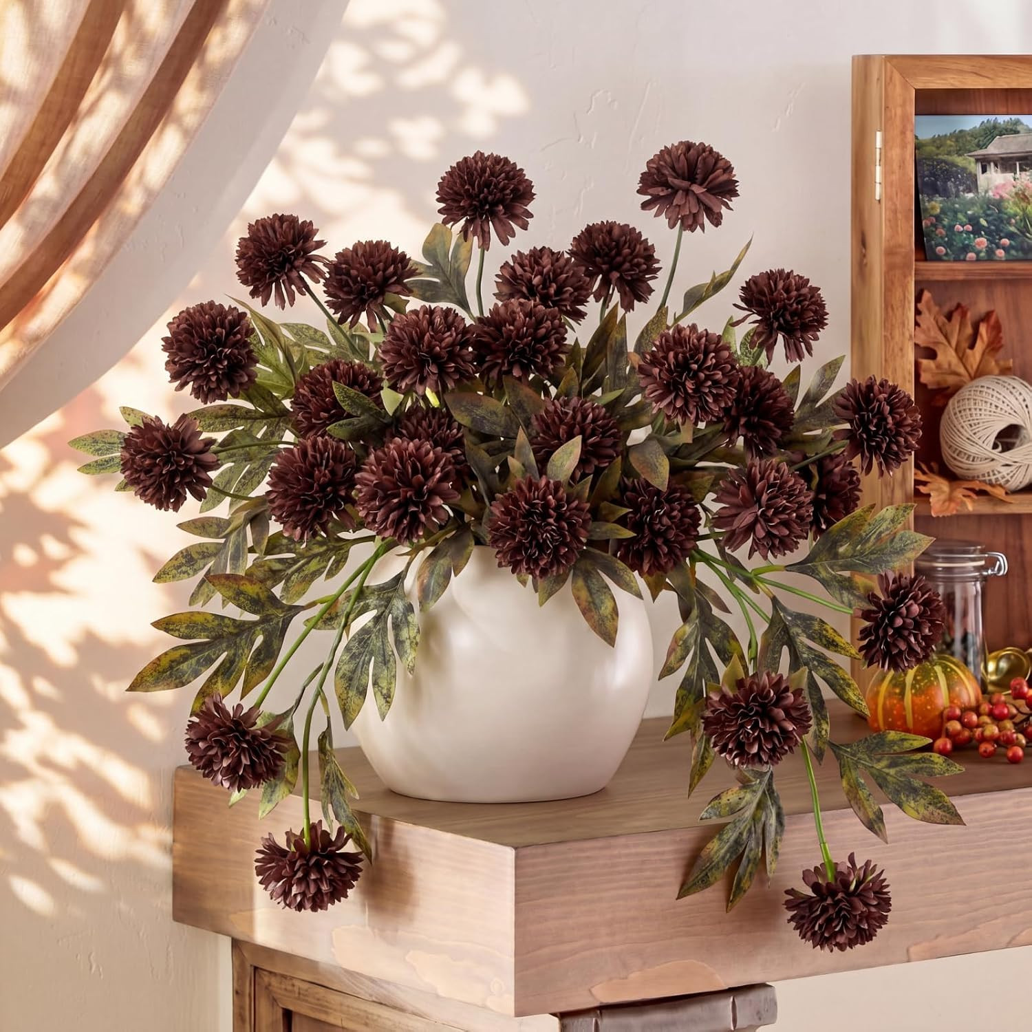 Knitgrip 8 Pcs Faux Silk Pom Pom Mum Artificial Flowers, Chocolate | Amazon (US)