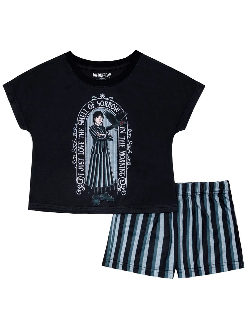 Wednesday Girls Short Sleeve Top and Short Pajama Set, 2-Piece, Sizes 4-12 | Walmart (US)