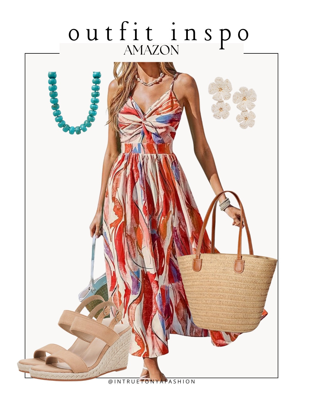 Summer maxi dress with a straw tote bag, wedge heels, beaded necklace and flower earrings 





vacation outfits, tropical outfits, beach outfits, beach clothes, resort wear 2026, summer outfits, beach vacation outfit, summer dress, maxi dress summer, beach dress 

#LTKootd #LTKSaleAlert #LTKTravel