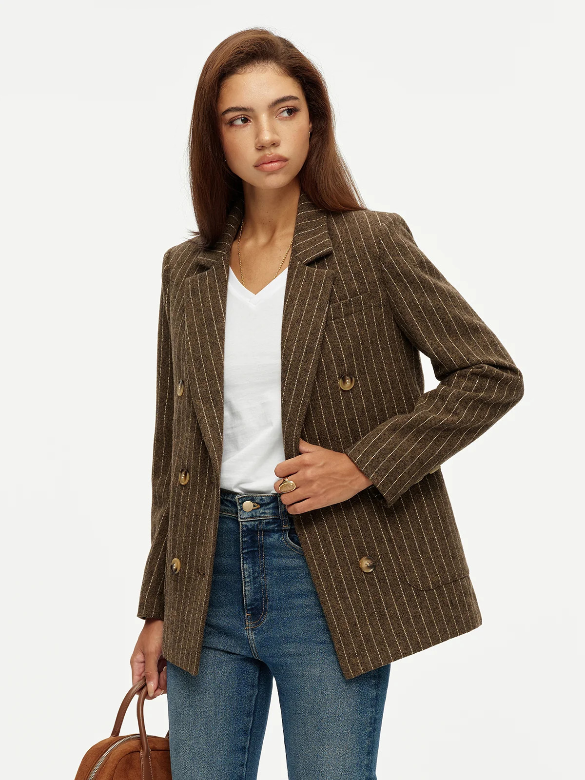 Pinstripe Double Breasted High Wool Blend Blazer | Commense